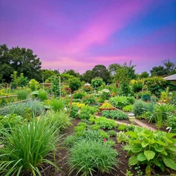permaculture garden, sky is psychedelic
