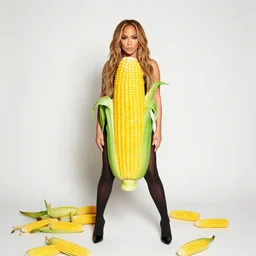 full body photo of jennifer lopez, she is wearing a funny kid's hallowen costume of corn on a cob, studio lighting, corn on a cob everywhere
