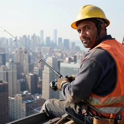 closeup portrait of a construction worker with a fishing rod sitting on a metal beam high over new york city, photography, national geographic