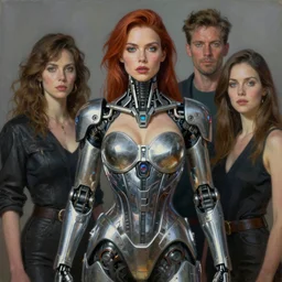 portrait of woman wearing cybernetic power armor. steel overbust corset. intricate painting by ross tran, magali villeneuve, and jeremy mann.