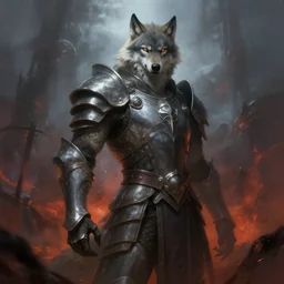anthropomorphic wolf - man wearing armor, digital painting, fantasy, ethereal, brooding, hellish background, concept art by peter mohrbacher, trending on artstation