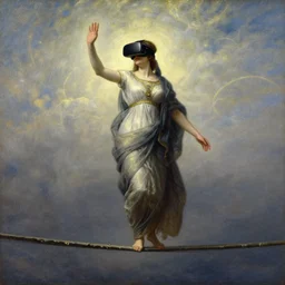 detailed full body of hindu traditional woman blindfolded by high - tech vr headset and walking on thin bridge in sky, girl graceful,, painting by gaston bussiere, craig mullins, j. c. leyendecker, lights, art by ernst haeckel, john william godward, hammershøi,,
