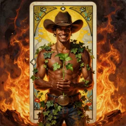 a beautiful dramatic epic ethereal symmetrical painting of a handsome smiling cowboy holding a green plant in his hands | he is dark skinned and shirtless and wearing a cowboy hat and is draped in ivy | background is an epic flames fire conflagration | tarot card, art deco, art nouveau | by Mark Maggiori | trending on artstation