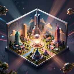 isometric room of a room filled with beautiful! epic sci fi building landscape by james gurney and simon stalenhag, wlop, artgerm, yasutomo oka, yuumei, rendered in unreal engine and redshift octane, background is an, digital art dynamic dramatic lighting, bokeh, imagine fx, artstation, cgsociety, zbrush central, by bandai namco artist, macross frontier, dynamic camera angle, art deco patterns