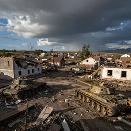 A wide angle photo of destroyed town with tank's wreckles