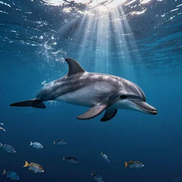dolphin swimming through the ocean, happy, ocean life, lots of fish, art by marie claire