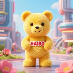 portrait of haribo bear in future city, color and shape focus, central composition, natural light, bloom, puff, b