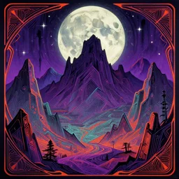 Sinister Mountains screeching at the Moon, a fantasy sci-fi dreamworld painting in neon geometric inks, art nouveau