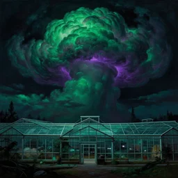 a greenhouse with deep green and purple glowing clouds. highly detailed science fiction painting by norman rockwell, frank frazetta, and syd mead. rich colors, high contrast, gloomy atmosphere, dark background. trending on artstation.