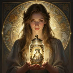 young francoise hardy holding soul in a jar portrait, backlight, rim lighting, deep focus, d & d, fantasy, intricate, elegant, highly detailed, digital painting, artstation, concept art, matte, centered, sharp focus, illustration, hearthstone, art by artgerm, greg rutkowski and alphonse mucha