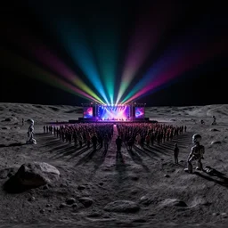 360º, equirectangular,  style Alexander Jansson View of the scenario of an outdoor rock concert in a lunar landscape, darkness, night lighting, colored spotlights, psychdelic lights, a gloom, much public to the stage looking at the concert, the public is formed by aliens and robots,, realistic, many details, ultra detailed, render, render Vray, octane render, rendering, unreal Engine5, HDRI, 360º, equirectangular