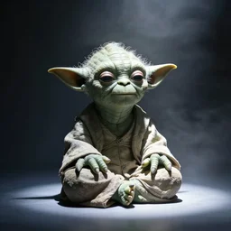 yoda meditating in a dim spotlight with light fog, moody lighting