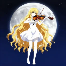 teen, cute, full body, a female with white skin and golden long wavy hair holding a violin and playing a song, heavenly, stunning art style, filters applied, lunar time, night sky, trending art, sharp focus, centered, landscape shot, fate zero, simple background, studio ghibly makoto shinkai yuji yamaguchi, by wlop