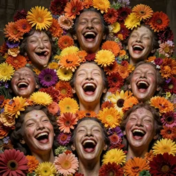 various disembodied heads laughing, flowers encircling the heads, color restoration, vibrant, sacred, refined spontaneity, backrooms