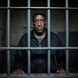 A derelict dark photograph of the viewer looking at Steve Harvey who is behind metal bars in Jail