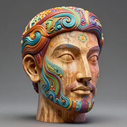 wooden sculpture of man head, intricate and vibrant color details, zbrush, hyper realistic, golden ratio, macro lens, unreal engine,, vibrant color