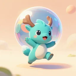 3 d rendered digital painting icon of cyan cute spirit axie pet dances under colourful discoball, in a fantasy mmo, ghibli studio