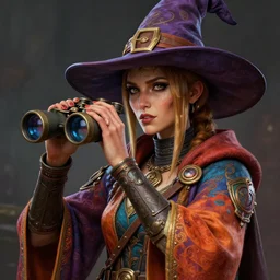 an anthropomorphic beautiful female borderlands 3 psycho portrait holding a binoculars wearing colourful robe, fine art, wizard hat, award winning, intricate, elegant, sharp focus, octane render, hyperrealistic, wizard hat cinematic lighting, highly detailed, digital painting, 8 k concept art, art by jamie hewlett and z. w. gu, masterpiece, trending on artstation, 8 k