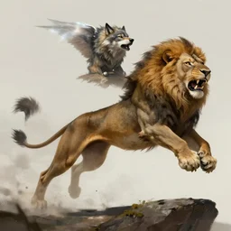 a mythical creature which is a mix of a wolf and a lion, leaping up to attack, concept art, high fantasy