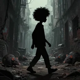 a dynamic long shot portrait of the silhouette of a black boy with an afro walking through a post apocalyptic alley with large rats, by simon stalenhag, dark and ominous, digital illustration, behance, rendered in unreal engine 5, rim lighting, ray tracing, 8 k, hd