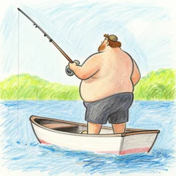 andre the giant in a boat fishing drawn in crayon