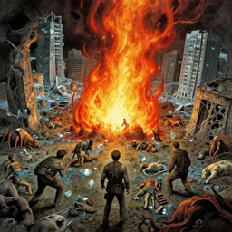 where the demons of the fallout burrowed in holes the first unleashing of the hell - fire. cities had become puddles of glass, the lands littered with bodies, both men and cattle, and all manner of beasts, by anton semonov, shaun tan, agostino arrivabene, craig davison