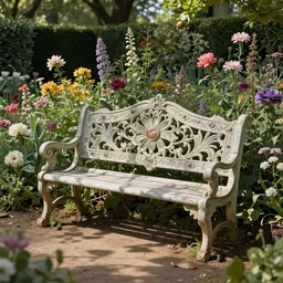 whimsical bench in the garden of love flowers by jean - baptiste monge