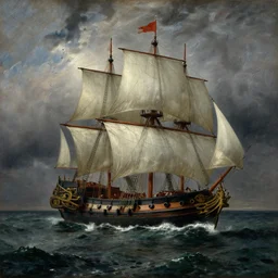 an oil painting of an xviii century ship at sea during a thunderstorm, highly detailed, 4 k, painted by thomas cole
