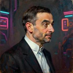 mr bean profile shot, hyperrealistic, subject in center of frame, neonpunk, oil on wood portrait by kim jung gi and rembrandt and leonardo da vinci and jan van eyck, artstation, deviantart, rule of thirds