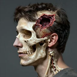 a profile portrait of a man ( ( resembling justin trudeau ) ) with a opening hole wound into skull showing, bones, tissue, dust particles, digital art, highly detailed, by alyssa monks and charlie bowater