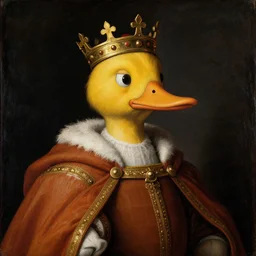 a renaissance style portrait painting of Duck, wearing a crown and cape, dark background