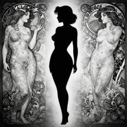 black and white image silhouette photo of a very very very beautiful female back | hyperrealistic | lush background | action pose | digital painting | trending on artstation | pinup portrait | clean | illustration | dressed | 8 k resolution | rubenesque | by greg rutkowski alphonse mucha gustav klimt and mel ramos