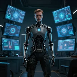 cyborg nathan fielder surrounded by screens, in 2 0 5 5, y 2 k cybercore, industrial low - light photography, still from a ridley scott movie