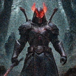 extremely detailed depiction of an armored dark assassin warrior in a dark evil forest, blood smeared mask, glowing crimson head, crimson fire head, Ultron, speedster, Darth Vader, fantasy art, fog, heavy armor, knights armor, cinematic pose, 8k, villain