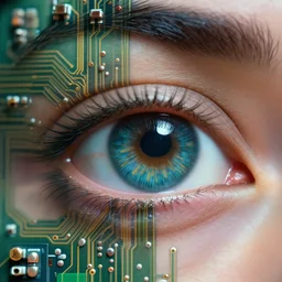 closeup of an eye made of computer circuits, sharp focus, shallow dof
