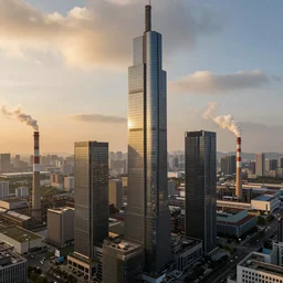 skyscrapers with straight features rising above the factories with big smokey chimneys with atmospheric clouds, golden hour, artstation, unreal engine 5, hyperdetailed, aerial view, 2 4 mm lens