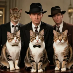 1930's gangster movie starring cats as the gangsters, movie screenshot, 4k, neo film noir style, photorealistic cats, artstation,