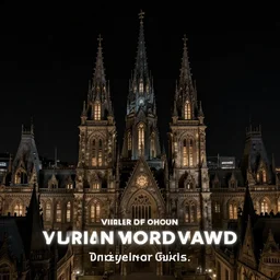 victorian city with towers at night, black sky, no moon, award winning fantasy art