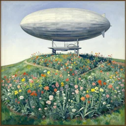 airship flower garden on hills by henri rousseau masterpiece shadows and highlights mucha beksinski
