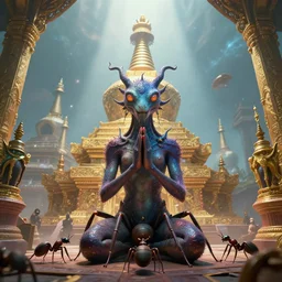 hypermaximalist extremely detailed realistic render of an astral creature praying inside a buddhist stupa by oozium, James Jean, Andrei Riabovitchev, dom qwek. Ant\'s perspective. ArtStation, CGSociety
