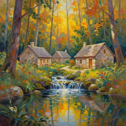 stone cottages underneath a dense tall forest. reflex from cascading ponds. ultrafine painting intricate brush strokes, bright depth oil colors, photography by araken alcantara. intense promiseful happiness, autumn sunrise warm light, detailed and intricate environment. hopeful. bodyscapes