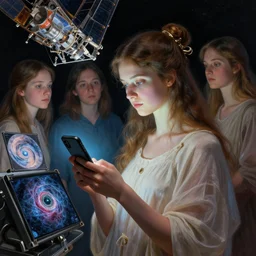 a goddess of hubble space telescope images checking her phone, magic realism, art by josephine wall, art by huang guangjian, art by viktoria gavrilenko, art by amanda sage, trending on artstation