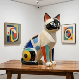 beautiful gallery show studio photograph of a giant realistic geometric ceramic sculpture of a siamese cat!!!!, heavily glazed by bridget riley and victor vasarely, placed on a polished wooden table, colorful hyperrealism 8 k trending on artstation