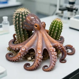 An award winning closeup photo of an octopus made out of a cactus on a lab table, detailed prickly texture