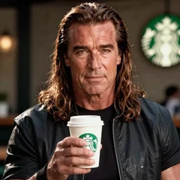 film still of arnold schwarzenegger dressed as conan, holding coffee in starbucks, focus on faces, cinematic lighting, unreal engine, steve mccurry, volumetric lighting....