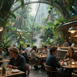 movie still frame, a crowded cafe inside a futuristic city dome in the jungle, beautiful composition, steam, 8 k, cgi, by ridley scott, james cameron, zack snyder and michael bay