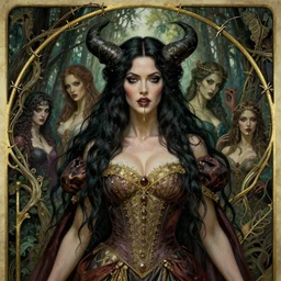 new art nouveau closeup portrait of fantasy succubus megan fox wearing a royal dress in an evil forest, malignant, anna dittmann, moebius, wlop, artgerm, patrick nagle, charlie bowater and loish. long windblown hair, ultrasharp focus, dramatic lighting, barbwire vine arches, octane, matte painting, intricate, d & d