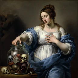 a painting of pandora opening her jar, releasing critters that impersonate sickness and death in the style of realism and artemisia gentileschi, she is dressed modestly in cloth her chest is covered - for god's sake!