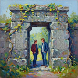 colorful marc simonetti and Mark Keathley impasto!! acrylic painting of the slate stone gateway of a forgotten civilization. vines and creepers, stone etchings