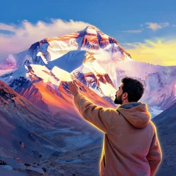 emad mostaque on mount everest drawing on a canva the sight in front of him, beautiful scenary, glowing vibrant colors, some clouds in the sky, by greg rutkowski, trending on artstation